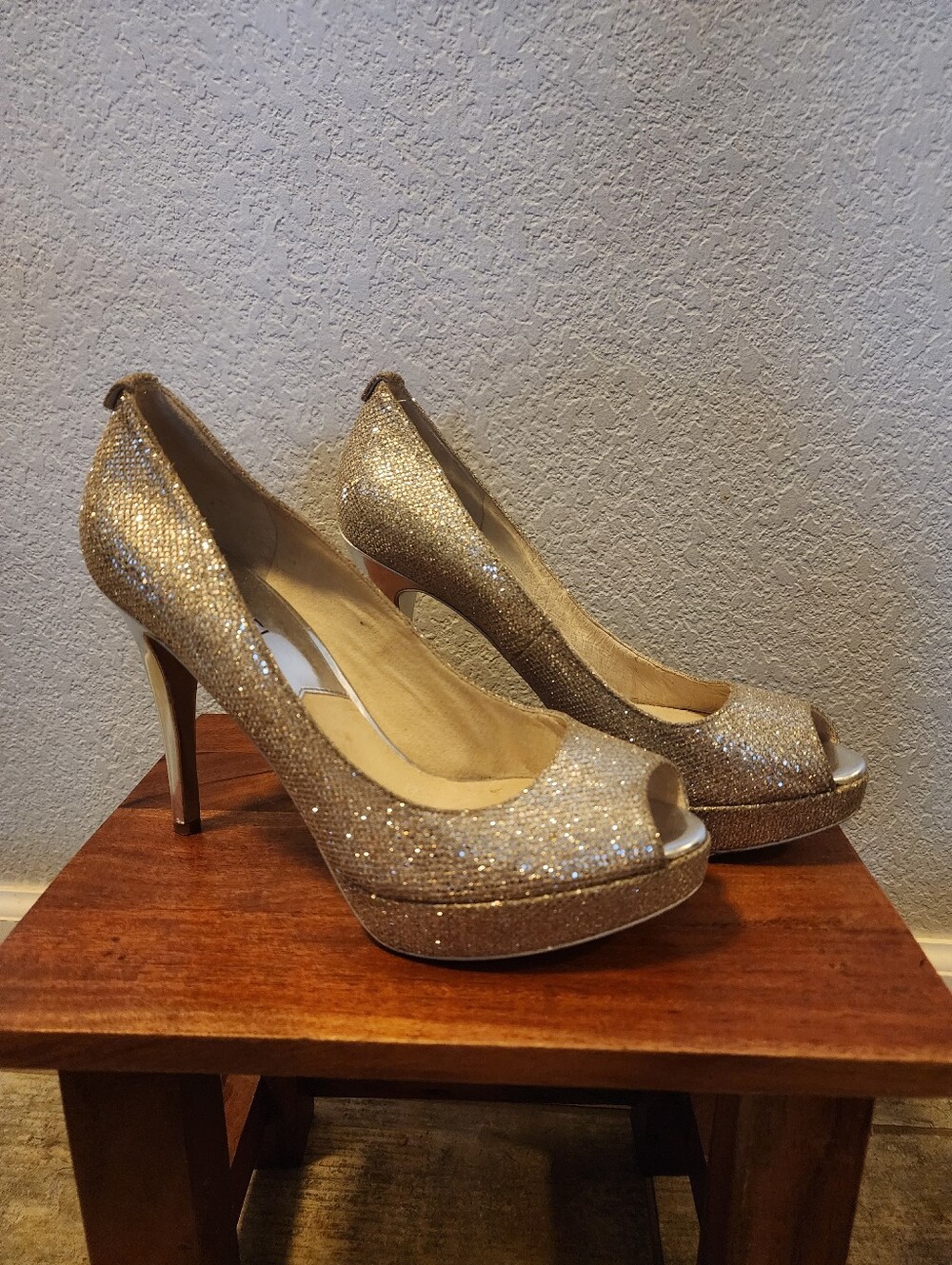 Michael Kors Silver Glitter Peep-Toe Platform Pumps